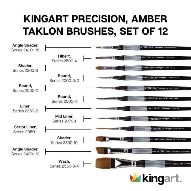 kingart premium kingart precision series amber taklon brushes ergonomic comfort handle gift box set of 12 29477174444193