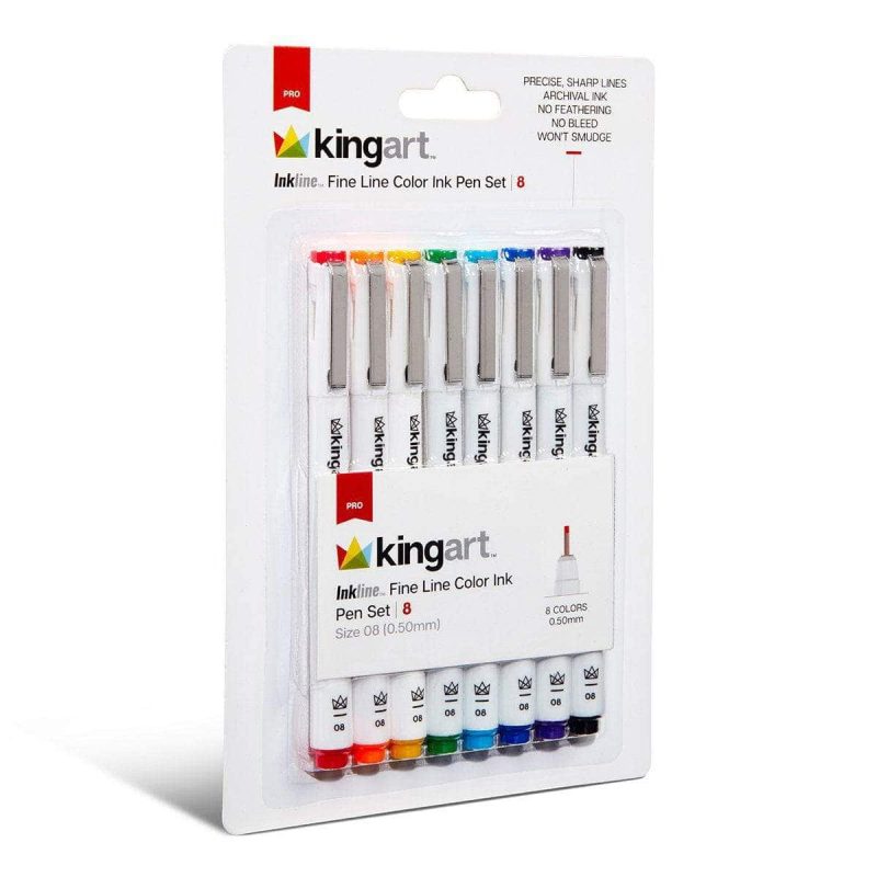 kingart pro kingart inkline fine line art graphic pens archival japanese ink set of 8 unique colors size 08 29490286461089