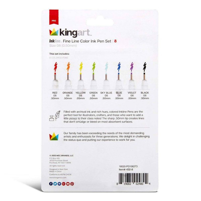 kingart pro kingart inkline fine line art graphic pens archival japanese ink set of 8 unique colors size 08 29490286919841