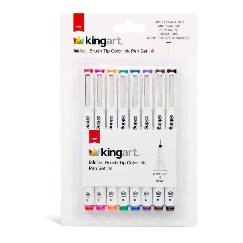 kingart pro kingart inkline fine line art graphic pens archival japanese ink set of 8 unique colors size b brush tips 29454762377377