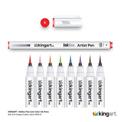 kingart pro kingart inkline fine line art graphic pens archival japanese ink set of 8 unique colors size b brush tips 29454772076705