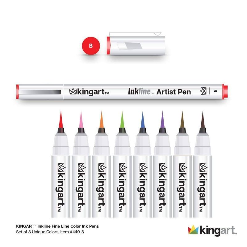 kingart pro kingart inkline fine line art graphic pens archival japanese ink set of 8 unique colors size b brush tips 29454772076705