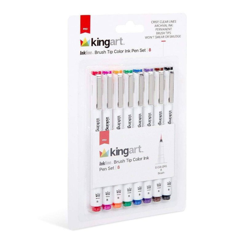 kingart pro kingart inkline fine line art graphic pens archival japanese ink set of 8 unique colors size b brush tips 29456556753057