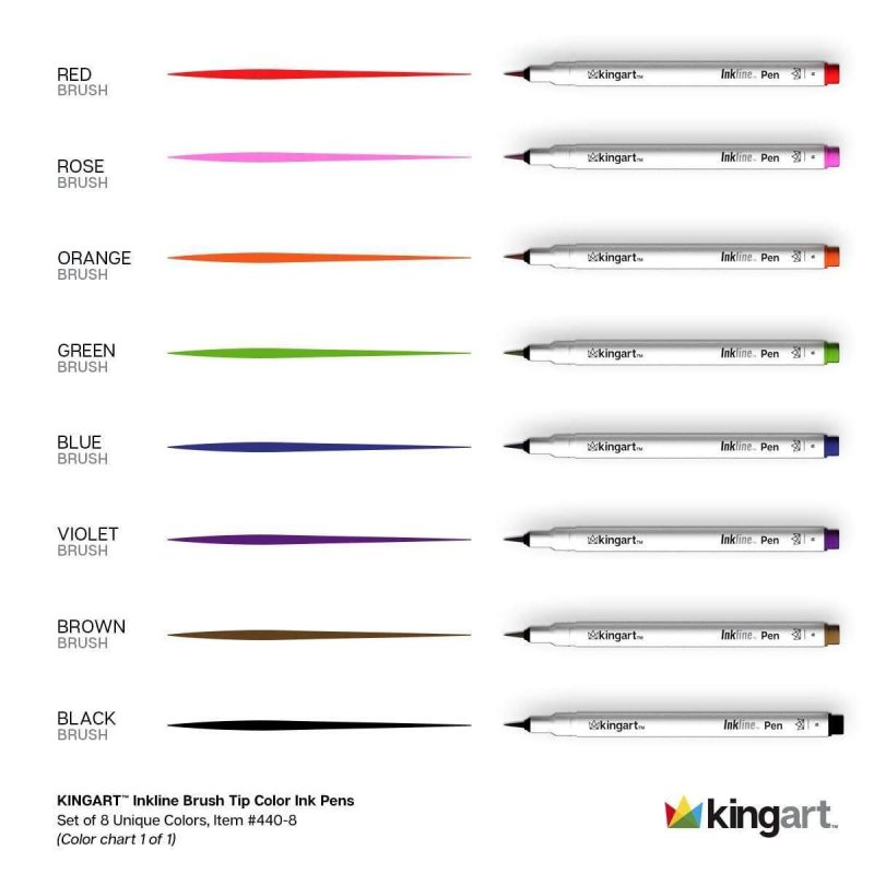 kingart pro kingart inkline fine line art graphic pens archival japanese ink set of 8 unique colors size b brush tips 29456558391457