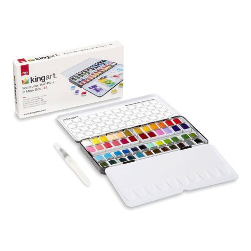 kingart pro kingart pro artist watercolor half pans tin box with water brush set of 48 vibrant colors 29536580894881